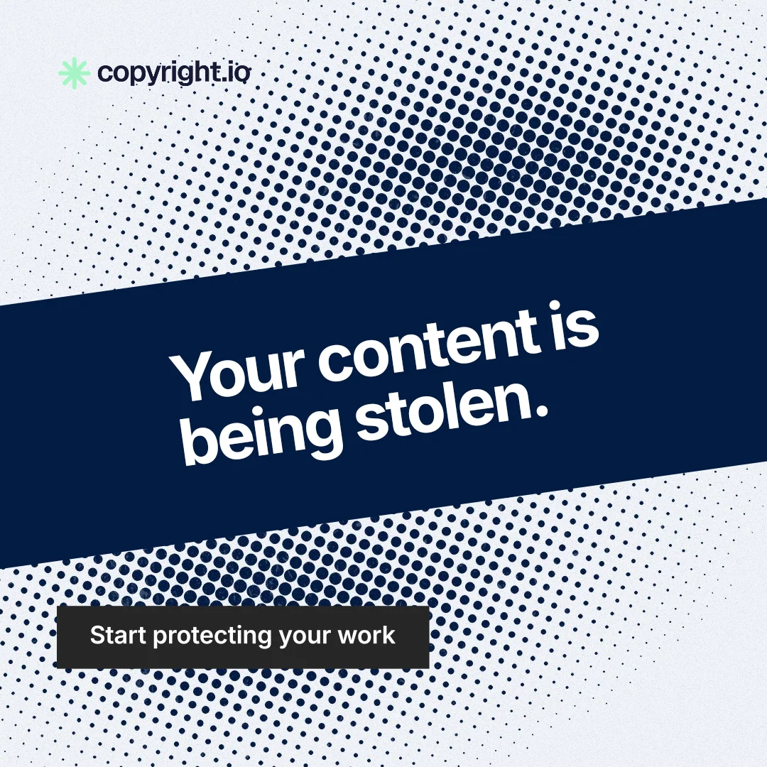 Instagram post for copyright.io: "Your content is being stolen." Swiss style, diagonal layout, light palette in white, blue, grey.