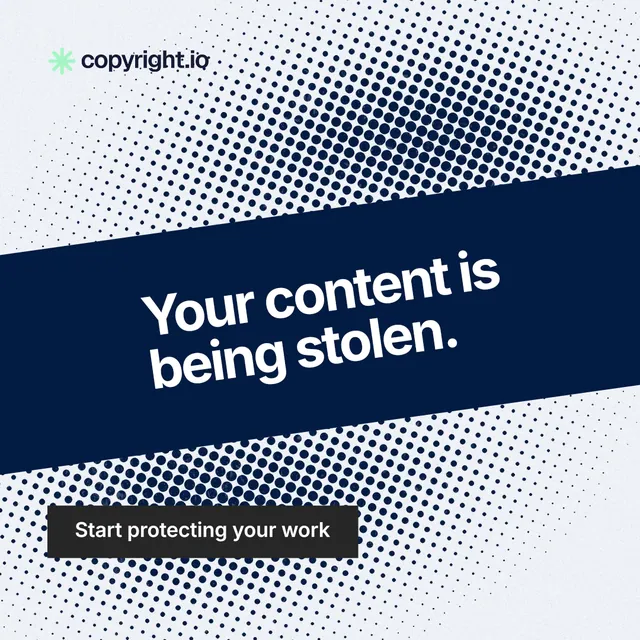 Instagram post for copyright.io: "Your content is being stolen." Swiss style, diagonal layout, light palette in white, blue, grey.