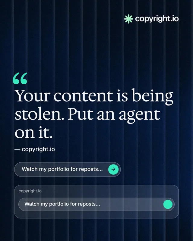 Instagram portrait post for copyright.io: "Continuous protection for creators." Agentic glass style, quote layout, dark palette in blue, black.
