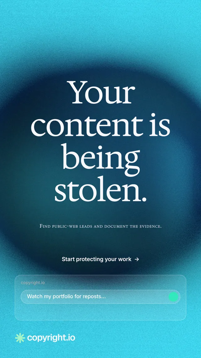 Instagram story for copyright.io: "Your content is being stolen." Swiss style, smallcaps layout, dark palette in blue, teal.