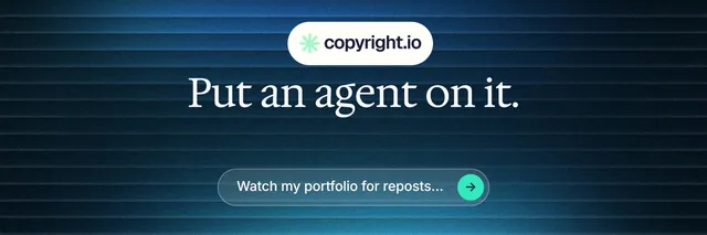 X header for copyright.io: "Put an agent on it." Agentic glass style, centred layout, dark palette in blue, black.