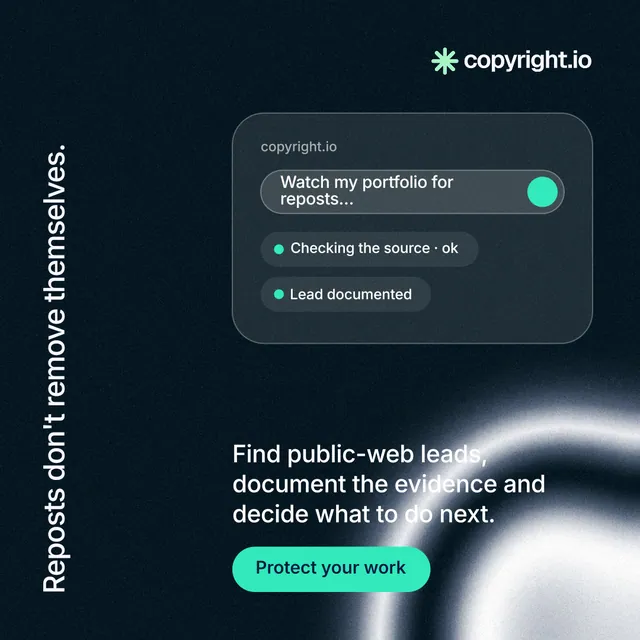 Instagram post for copyright.io: "Reposts don't remove themselves." Y2K style, vertical layout, dark palette in black, blue, grey.
