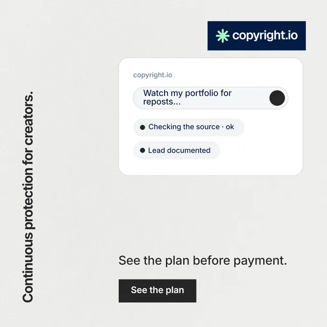 Instagram post for copyright.io: "Continuous protection for creators." Swiss style, vertical layout, light palette in white, grey.