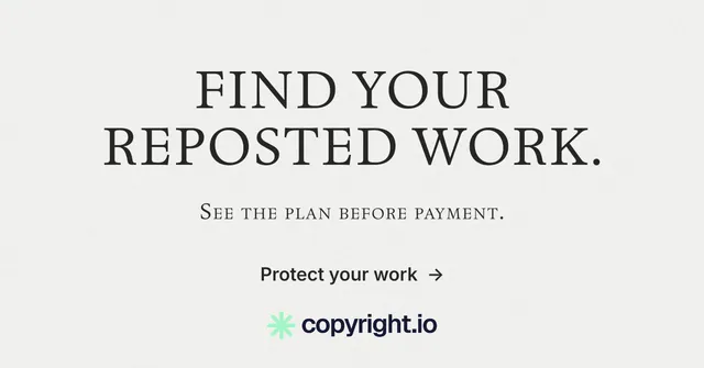 Social ad for copyright.io: "Find your reposted work." Editorial style, smallcaps layout, light palette in white.