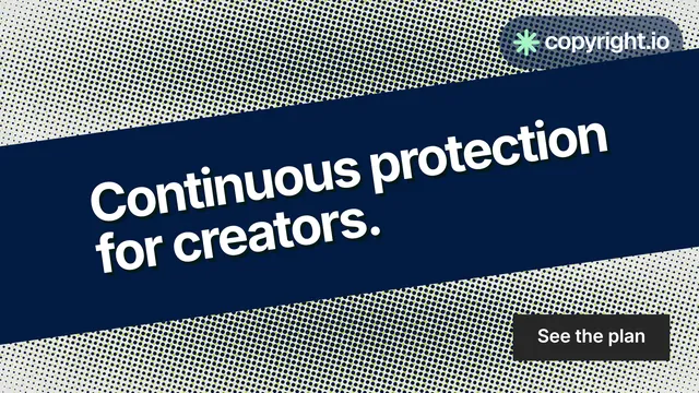 Landscape graphic for copyright.io: "Continuous protection for creators." Swiss style, diagonal layout, dark palette in blue, grey.