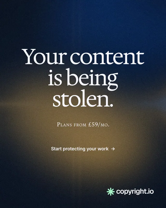 Instagram portrait post for copyright.io: "Your content is being stolen." Swiss style, smallcaps layout, dark palette in black, blue, orange.