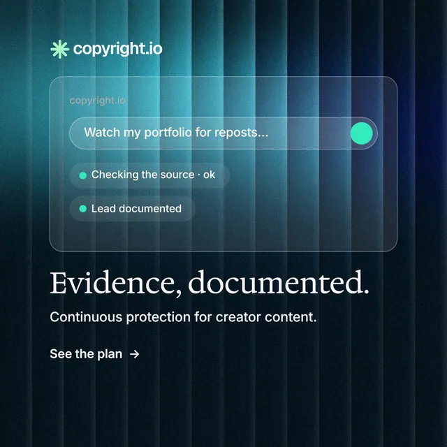 Instagram post for copyright.io: "Evidence, documented." Minimal luxury style, bottom layout, dark palette in blue, black, teal.