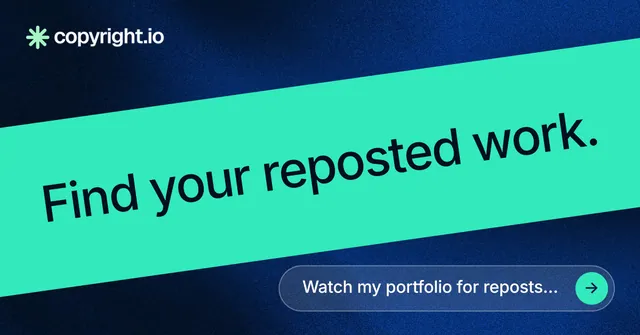 Social ad for copyright.io: "Find your reposted work." Agentic glass style, diagonal layout, light palette in teal, blue.