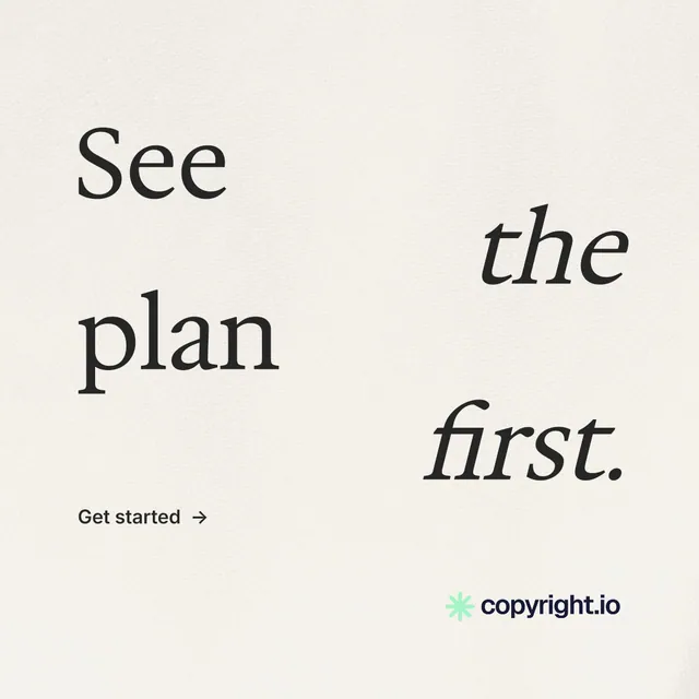 Instagram post for copyright.io: "See the plan first." Minimal luxury style, stacked layout, light palette in white.