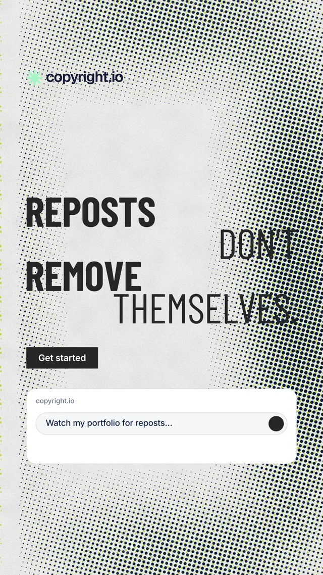 Instagram story for copyright.io: "Reposts don't remove themselves." Retro print style, stacked layout, light palette in grey, white.