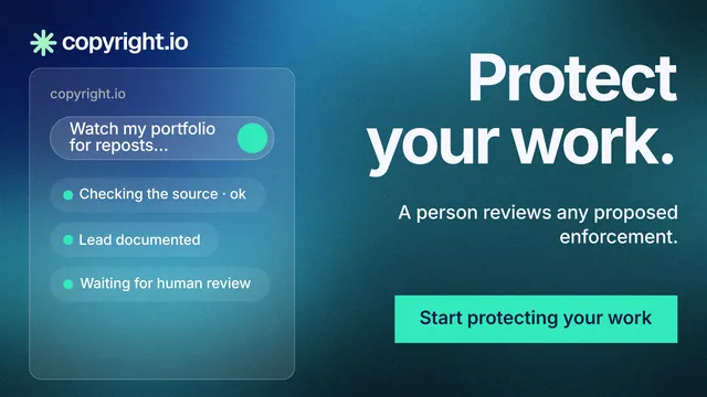 Landscape graphic for copyright.io: "Protect your work." Swiss style, right layout, dark palette in blue, teal.