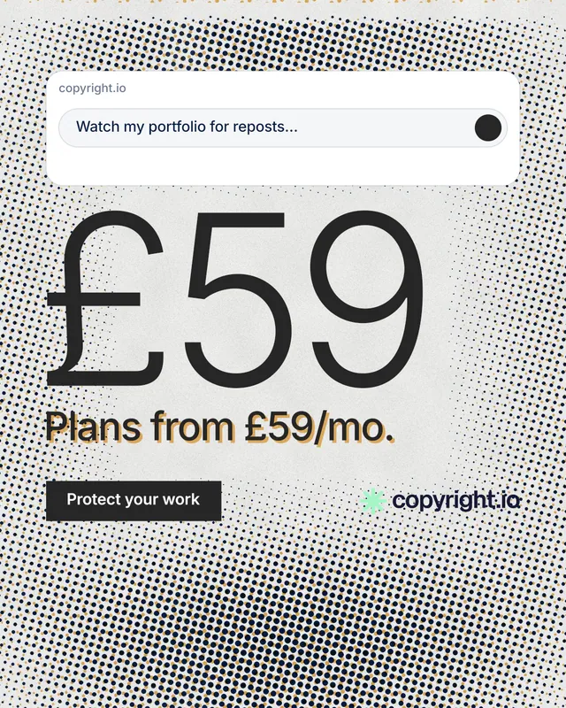 Instagram portrait post for copyright.io: "Your content is being stolen." Retro print style, stat layout, light palette in grey, white.