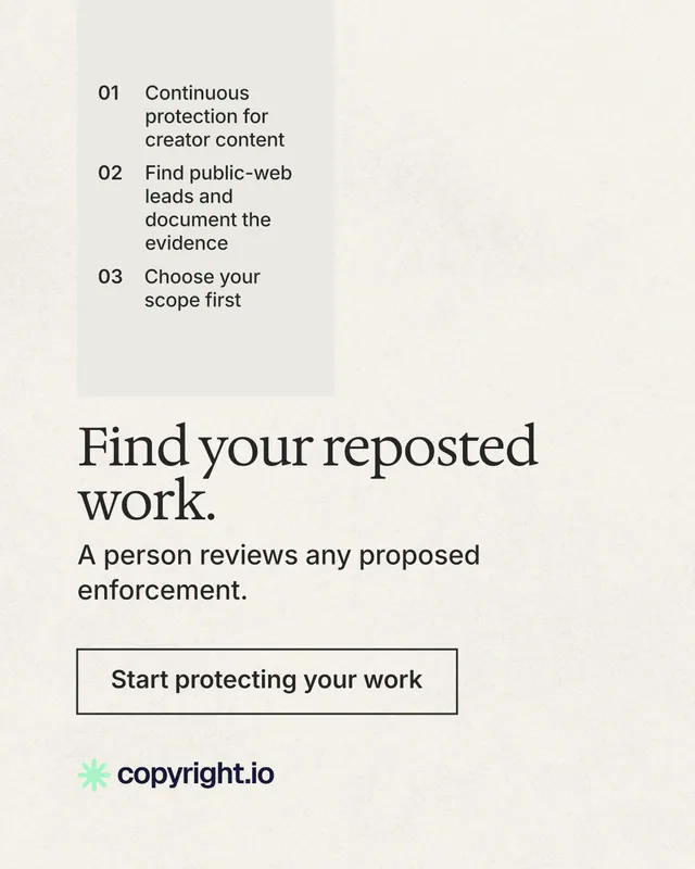 Instagram portrait post for copyright.io: "Find your reposted work." Editorial style, skeleton layout, light palette in white, yellow, grey.