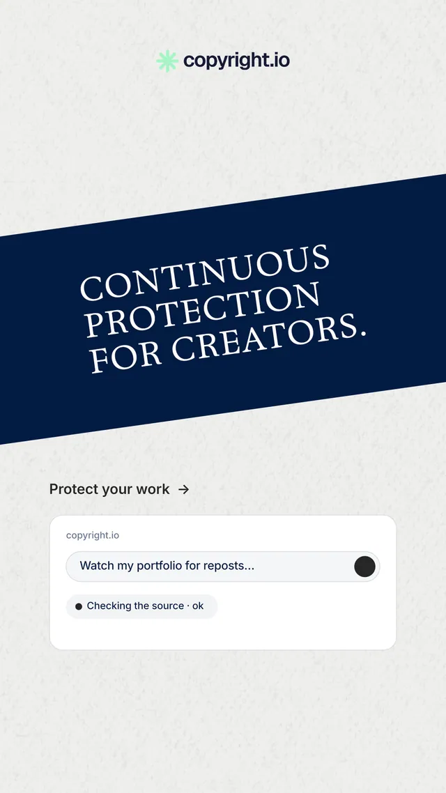 Instagram story for copyright.io: "Continuous protection for creators." Minimal luxury style, diagonal layout, light palette in white, blue.