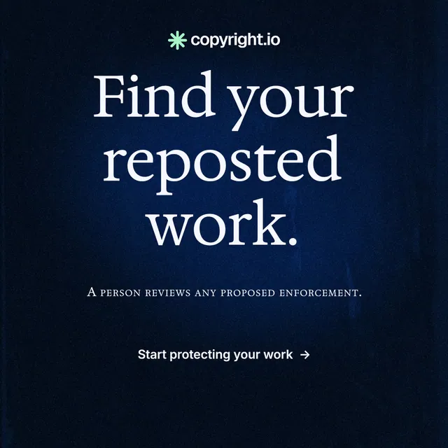 Instagram post for copyright.io: "Find your reposted work." Minimal luxury style, smallcaps layout, dark palette in black, blue.