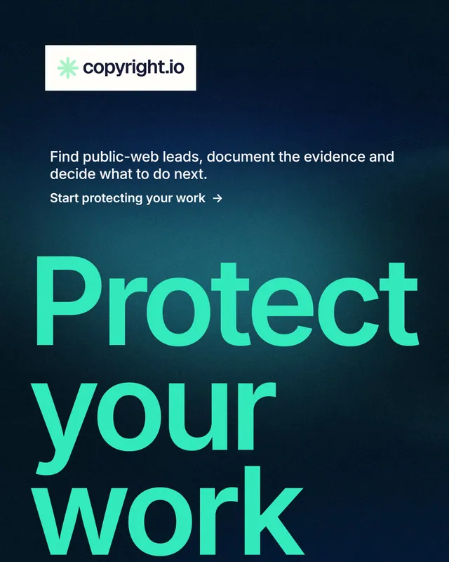 Instagram portrait post for copyright.io: "Your content is being stolen." Minimal luxury style, oversized layout, dark palette in blue, black, teal.