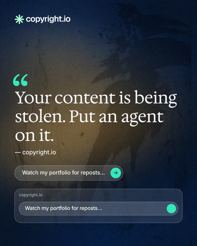 Instagram portrait post for copyright.io: "Evidence, documented." Agentic glass style, quote layout, dark palette in black, blue, grey.