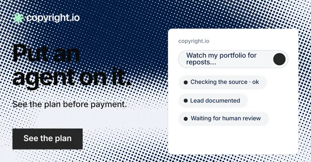 Social ad for copyright.io: "Put an agent on it." Swiss style, bottom layout, light palette in blue, white, grey.