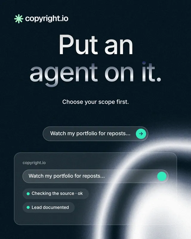 Instagram portrait post for copyright.io: "Put an agent on it." Agentic glass style, centred layout, dark palette in black, blue, grey.
