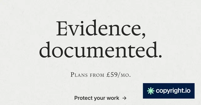 Social ad for copyright.io: "Evidence, documented." Minimal luxury style, smallcaps layout, light palette in white, grey.