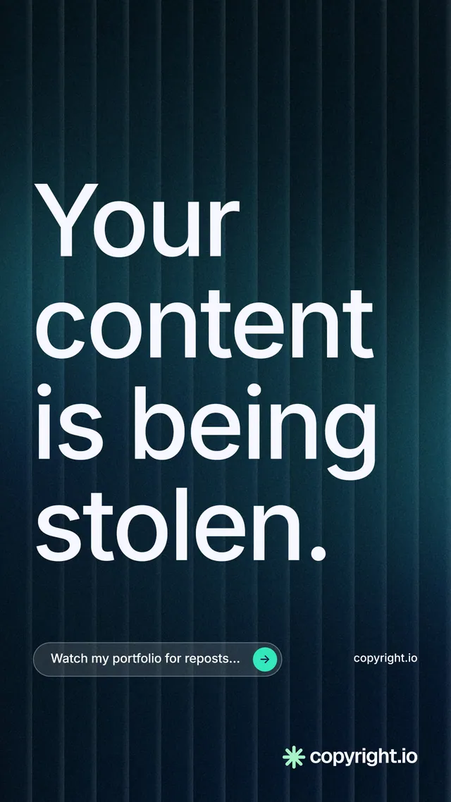 Instagram story for copyright.io: "Your content is being stolen." Agentic glass style, poster layout, dark palette in blue, black, grey.