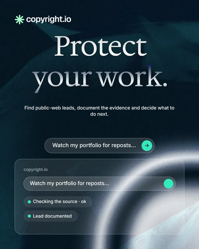 Instagram portrait post for copyright.io: "Protect your work." Agentic glass style, centred layout, dark palette in blue, black, grey.