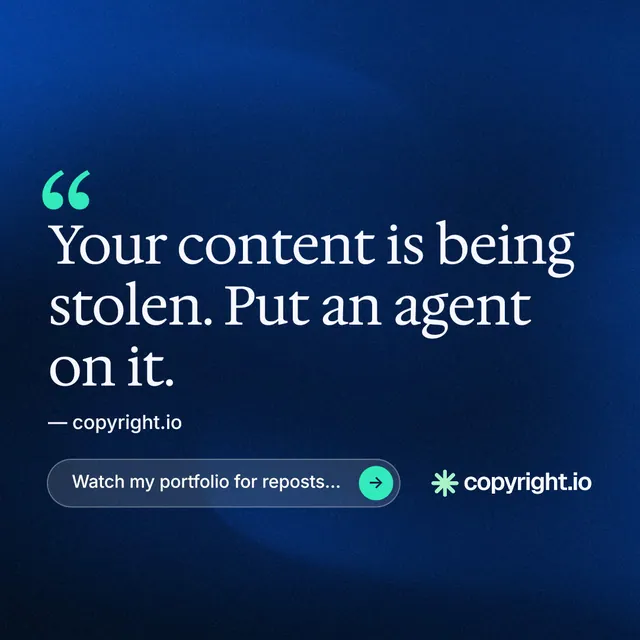 Instagram post for copyright.io: "Put an agent on it." Agentic glass style, quote layout, dark palette in blue, black.