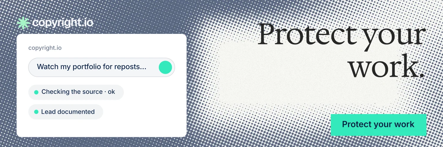 X header for copyright.io: "Protect your work." Split block style, right layout, light palette in grey, white, teal.