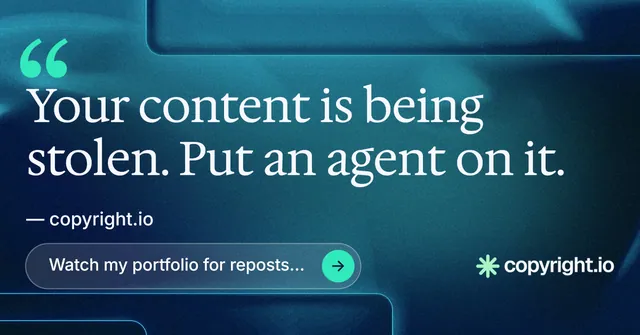 Social ad for copyright.io: "Continuous protection for creators." Agentic glass style, quote layout, dark palette in blue, teal.