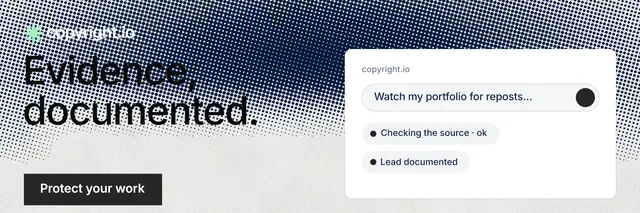X header for copyright.io: "Evidence, documented." Retro print style, bottom layout, light palette in blue, white, grey.