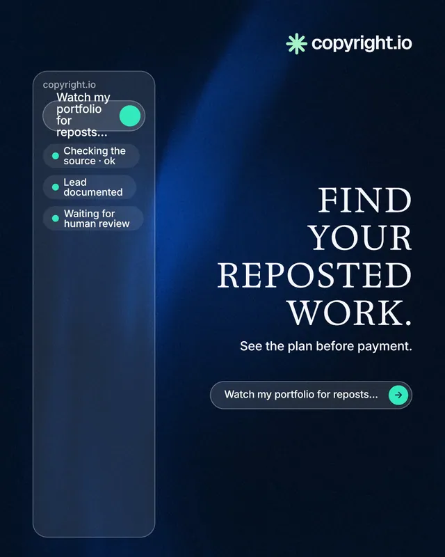 Instagram portrait post for copyright.io: "Find your reposted work." Agentic glass style, right layout, dark palette in blue, black.