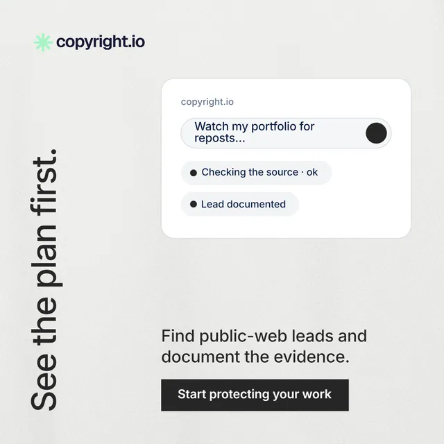 Instagram post for copyright.io: "See the plan first." Swiss style, vertical layout, light palette in white, grey.