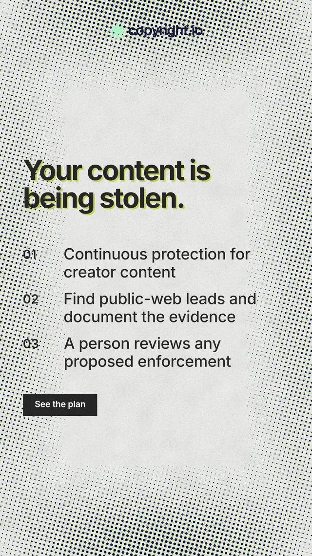 Instagram story for copyright.io: "Your content is being stolen." Swiss style, numbered layout, light palette in grey, white.