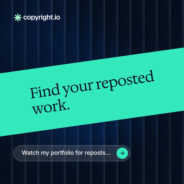 Instagram post for copyright.io: "Find your reposted work." Agentic glass style, diagonal layout, dark palette in teal, black.
