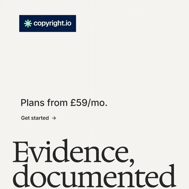 Instagram post for copyright.io: "See the plan first." Minimal luxury style, oversized layout, light palette in white, grey.