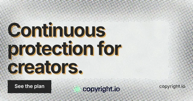 Social ad for copyright.io: "Continuous protection for creators." Swiss style, poster layout, light palette in grey, white.