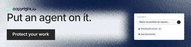 LinkedIn banner for copyright.io: "Put an agent on it." Swiss style, skeleton layout, light palette in blue, white, grey.