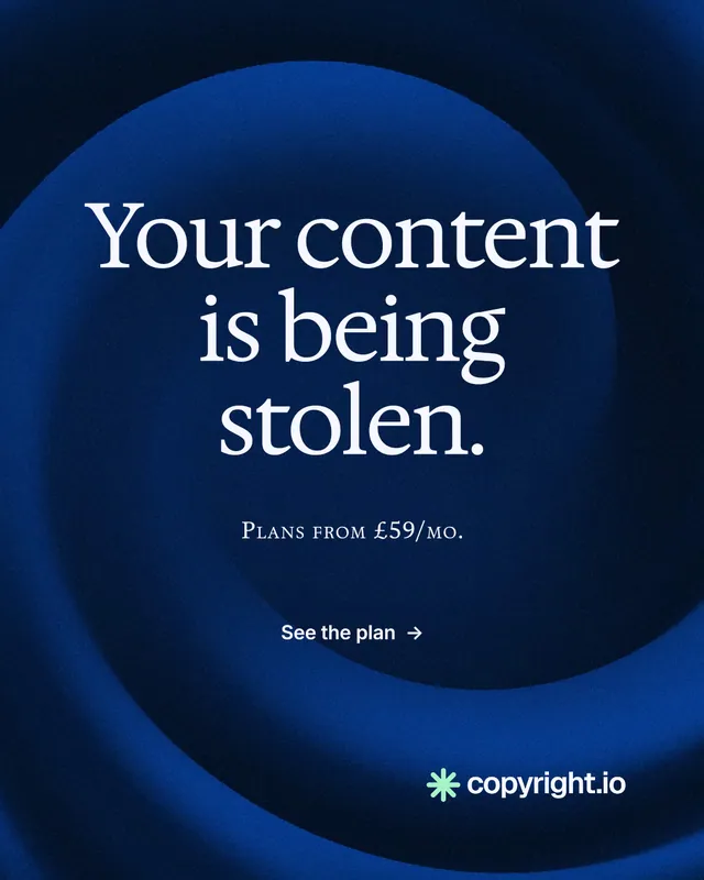 Instagram portrait post for copyright.io: "Your content is being stolen." Minimal luxury style, smallcaps layout, dark palette in blue, black.