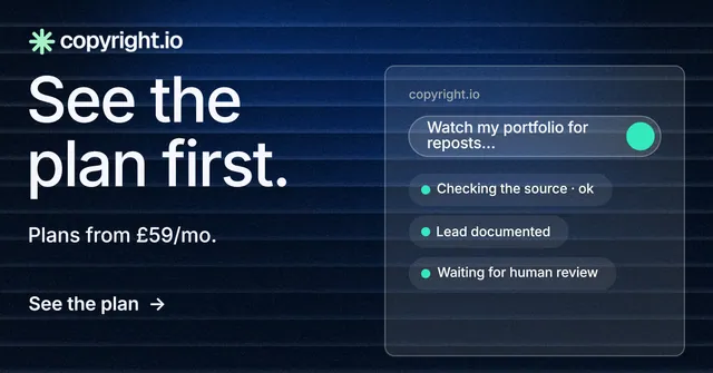 Social ad for copyright.io: "See the plan first." Minimal luxury style, bottom layout, dark palette in black, blue, grey.