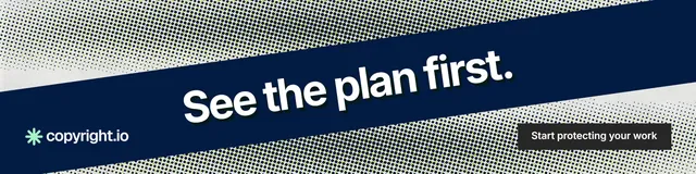 LinkedIn banner for copyright.io: "See the plan first." Swiss style, diagonal layout, dark palette in blue, grey.