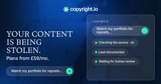 Social ad for copyright.io: "Your content is being stolen." Agentic glass style, bottom layout, dark palette in blue.