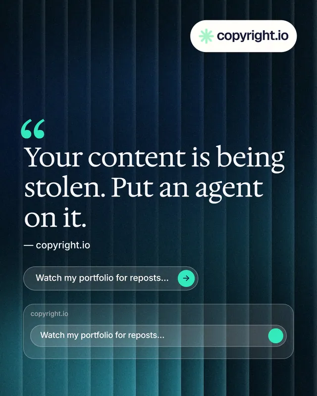 Instagram portrait post for copyright.io: "Find your reposted work." Agentic glass style, quote layout, dark palette in blue, teal, black.