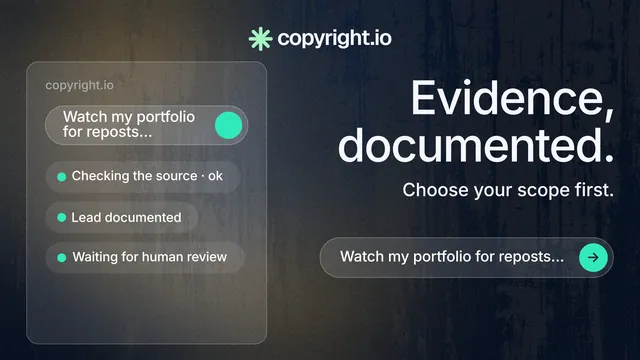 Landscape graphic for copyright.io: "Evidence, documented." Agentic glass style, right layout, dark palette in black, grey, blue.