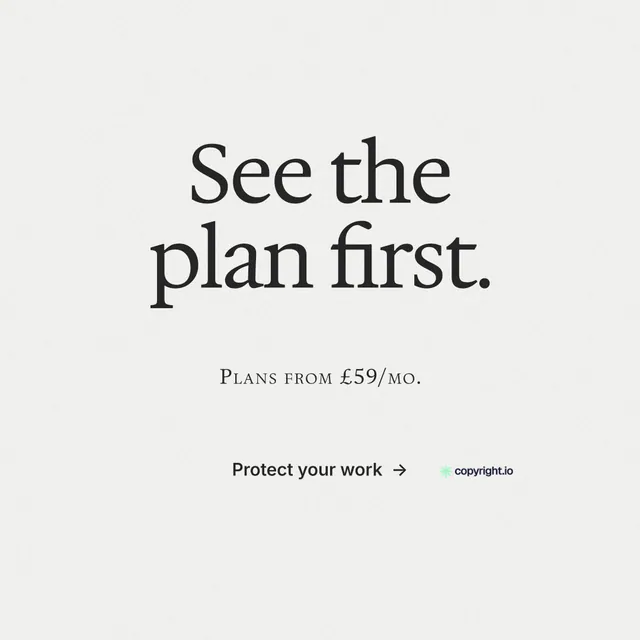 Instagram post for copyright.io: "See the plan first." Editorial style, smallcaps layout, light palette in white, grey.