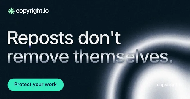 Social ad for copyright.io: "Reposts don't remove themselves." Y2K style, poster layout, dark palette in black, teal, blue.