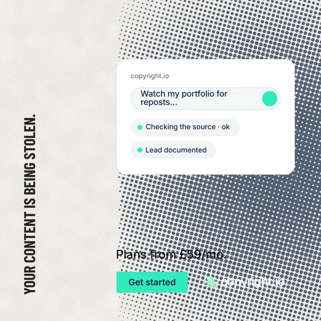 Instagram post for copyright.io: "Your content is being stolen." Retro print style, vertical layout, light palette in yellow, grey, white.