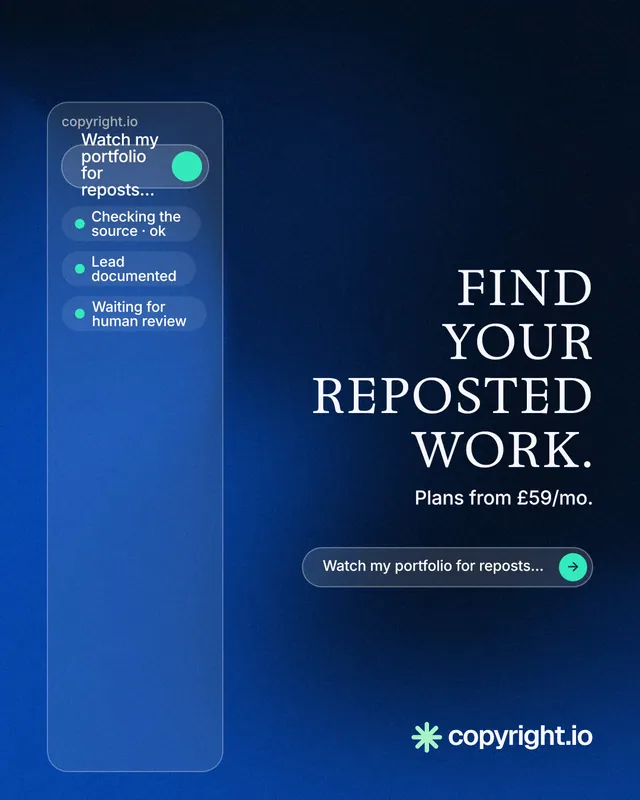 Instagram portrait post for copyright.io: "Find your reposted work." Agentic glass style, right layout, dark palette in blue, black.