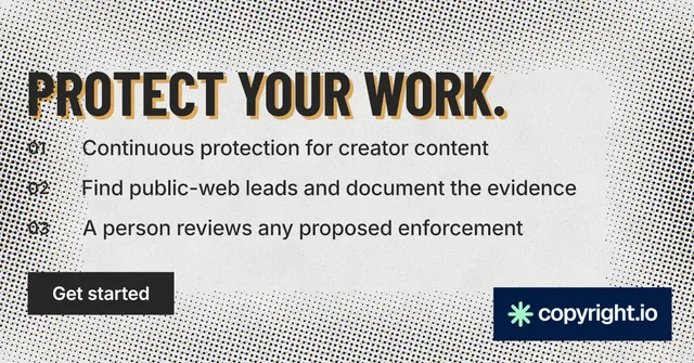 Social ad for copyright.io: "Protect your work." Retro print style, numbered layout, light palette in grey, white.