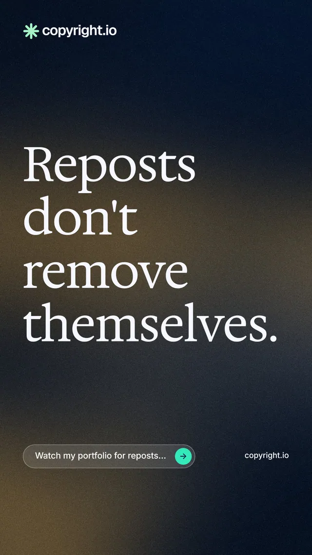 Instagram story for copyright.io: "Reposts don't remove themselves." Agentic glass style, poster layout, dark palette in black, blue, orange.