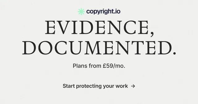 Social ad for copyright.io: "Evidence, documented." Minimal luxury style, centred layout, light palette in white.